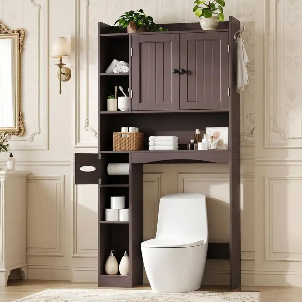 

66 High Toilet Storage Cabinet with Paper Holder, Adjustable Shelves, 2 Doors, Side Hooks, and Brown Finish
