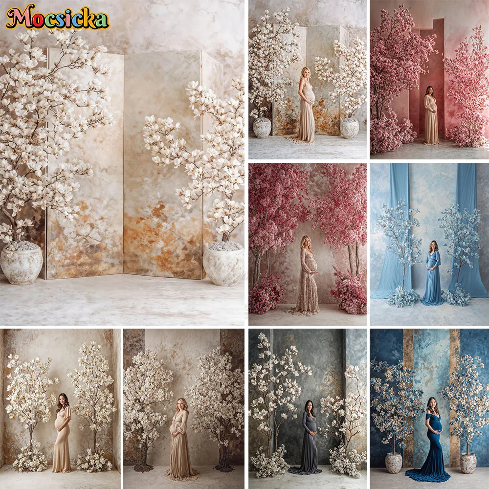 

Фон для фотосъемки Mocsicka: Винтажный бежевый фон с цветами и деревьями для портретов беременных, новорожденных и студийных съемок