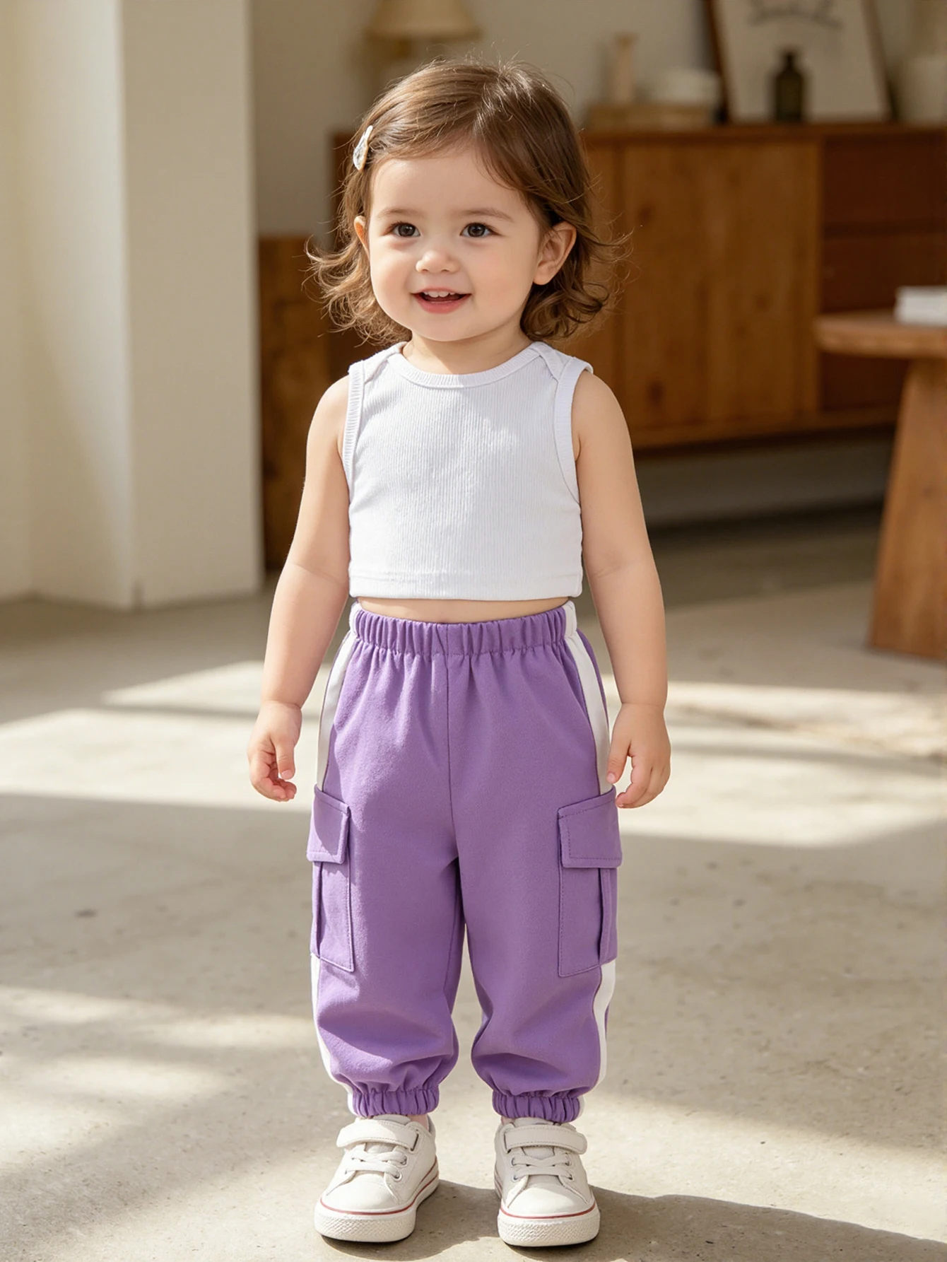 

New Arrival Baby Girls Sleeveless Cargo Pants Set, Contrast Color Casual Daily Outfit for Spring & Summer