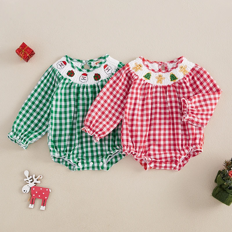 Baby Girl Christmas Outfit Smocked Bubble Romper Santa Puff Long Sleeve Plaid Bodysuit Fall Xmas Clothes