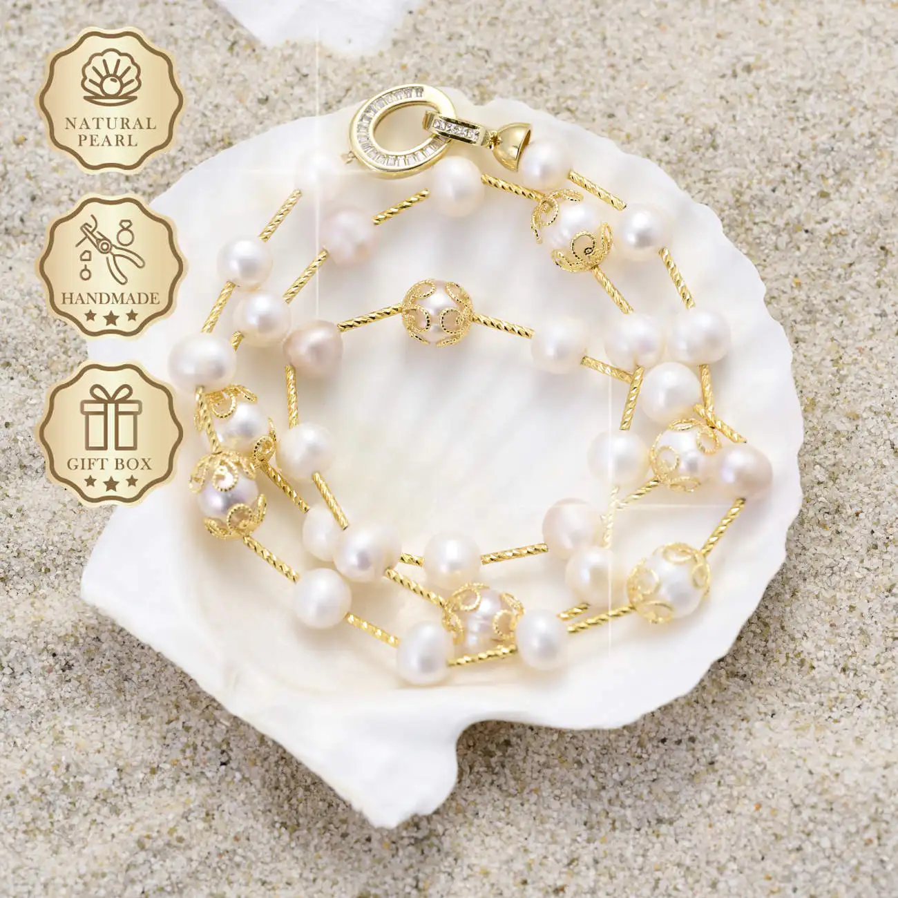 

MYSOYA White Freshwater Pearl Necklace 10–11mm with Gold Accents & Oval Clasp, Gift Box, Birthday & Anniversary Gift