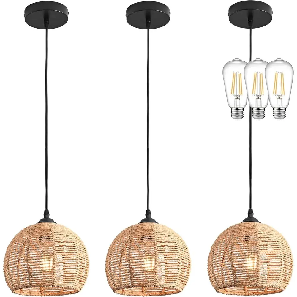 

Natural Woven 3-Pack Wicker Pendant Lights for Rustic, Boho, or Modern Interiors, Suitable for Dining Rooms and Kitchen Islands