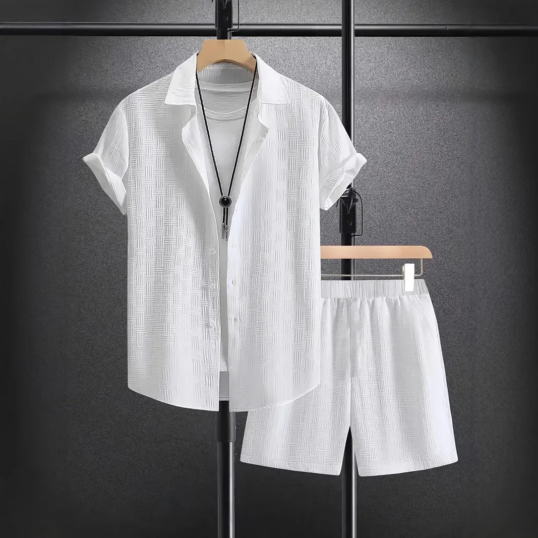 2026 Men casual suit Summer daily outdoor travel solid color jacquard lapel short-sleeved Shirt + drawstring Shorts 2-piece Set