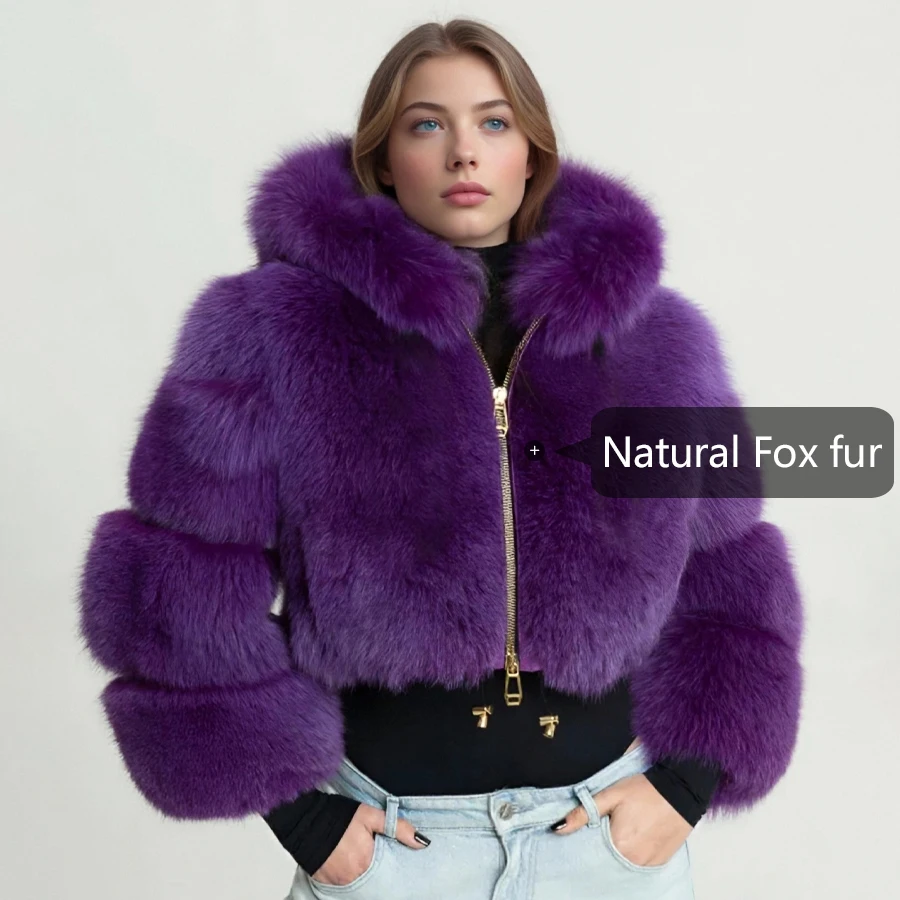 سترة فرو الثعلب الحقيقي مع غطاء محرك السيارة الأسود الطبيعي فرو الثعلب انغلق جاكيت منفوخ المرأة معطف الفرو جودة عالية معطف الفرو الحقيقي
