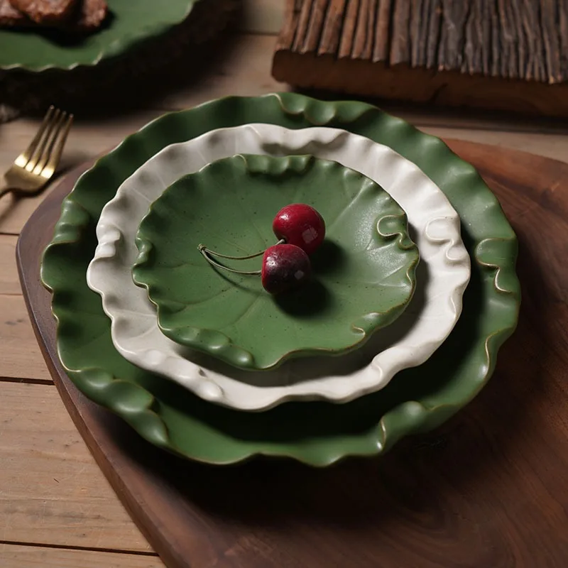 Ceramic Plate Creative Lotus Leaf Shape Dinner Plates Retro Distressed Irregular Lace Dessert Refreshments Dish Hotel Tableware