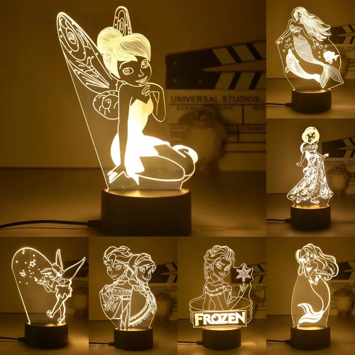 Figura de dibujos animados de princesa Disney, luz nocturna, campanilla de hadas, lámpara de mesa LED 3D, figura de juguete, lámpara de decoración de cabecera, regalo, nuevo