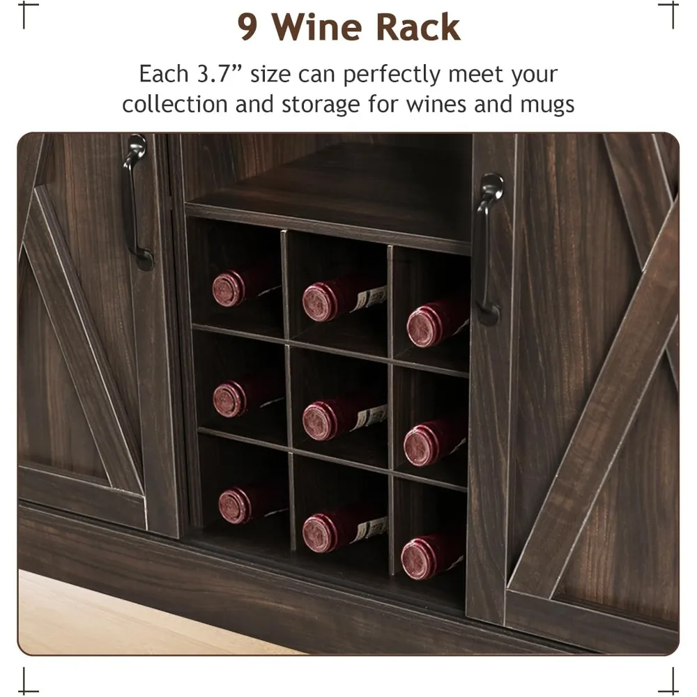 Mobile da bar con 4 ganci per tazze, wine bar da 72 pollici con gabbia e 2 ante scorrevoli da fienile, caffè alto