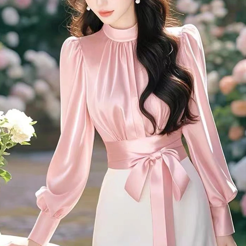 

Elegant Fashion Short Style Satin Shirt High end Stand Collar Pullovers Blouse Bow Tie Long Sleeve Women Top