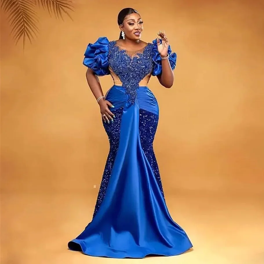 Aso Ebi African Royal Blue Prom Dresses Sequins Beaded Ruffle Mermaid Evening Dress Long Luxury Gowns Robe De Soiree Customized