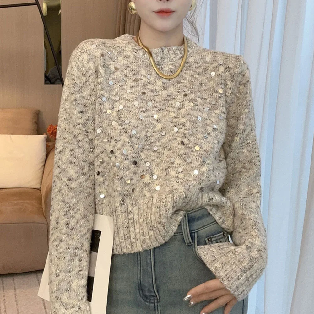 Fashion Sequin Women Sweater O Neck Loose Simple Chic Short Pullovers Korean Casual Long Sleeve Tops New Ladies Elegant Jumpers