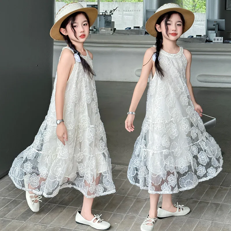 sweet junior girl Lace Flower Sleeveless long Dress white flower teen kid girl dresses vestido longo infantil menina 12 a 14anos