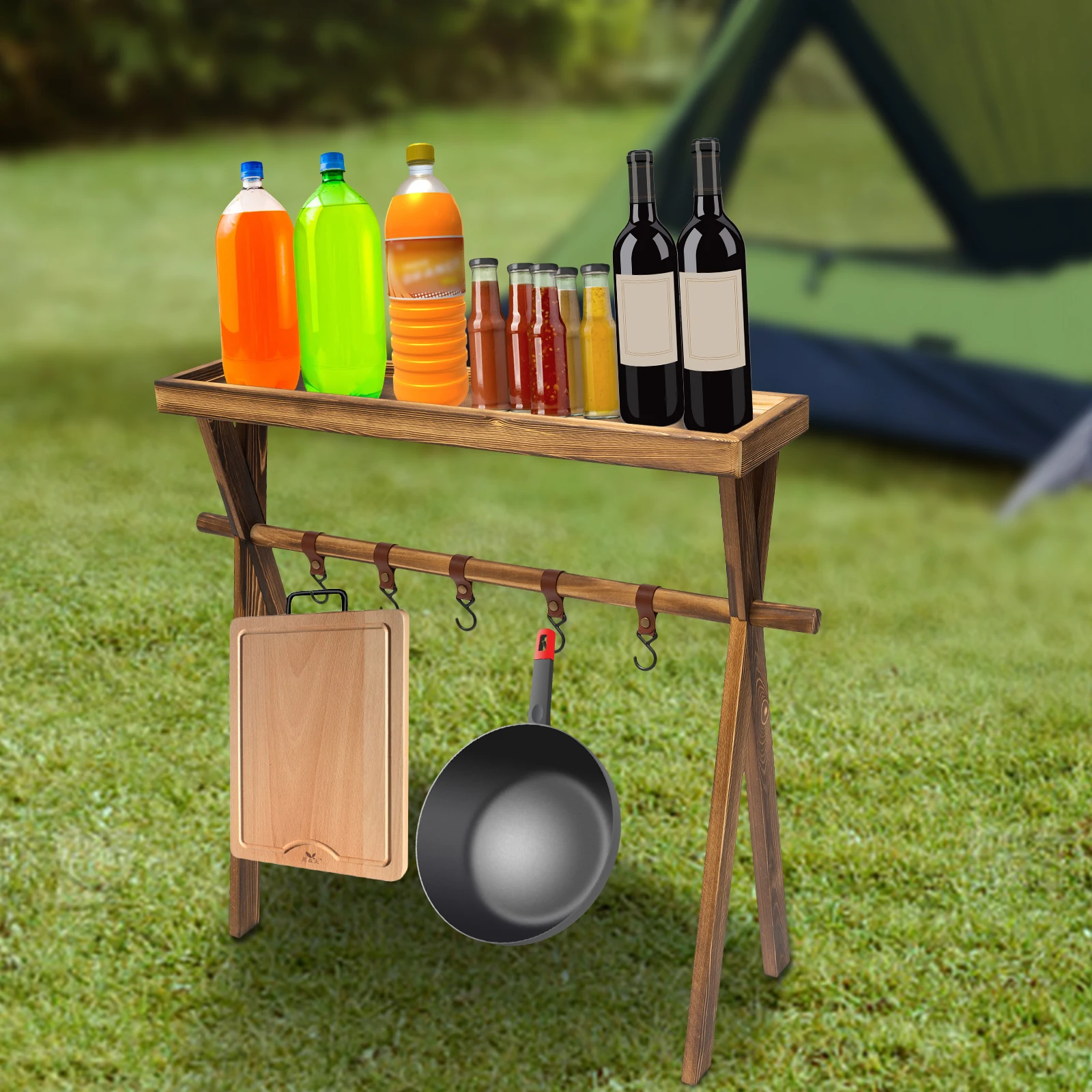 Wooden Portable Picnic Rack,Portable Beechwood Outdoor Shelf/Rack for Storage,Outdoor Kitchen, RV for Picnic, BBQ, Home Storage