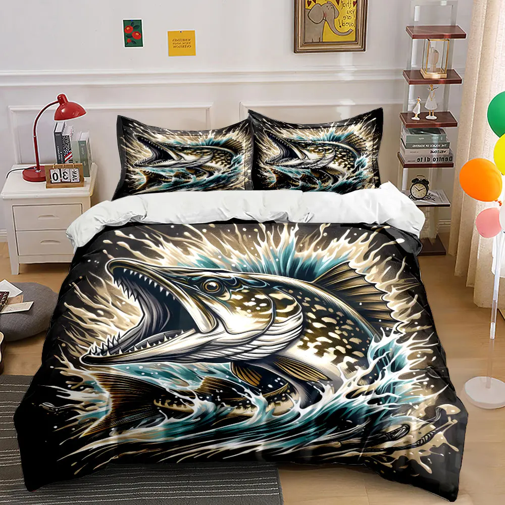 

Pike Fishing Art Set Wall Decor Multiple sizes kid's and adults' bedroom Exquisite 3PC bedding set, gift