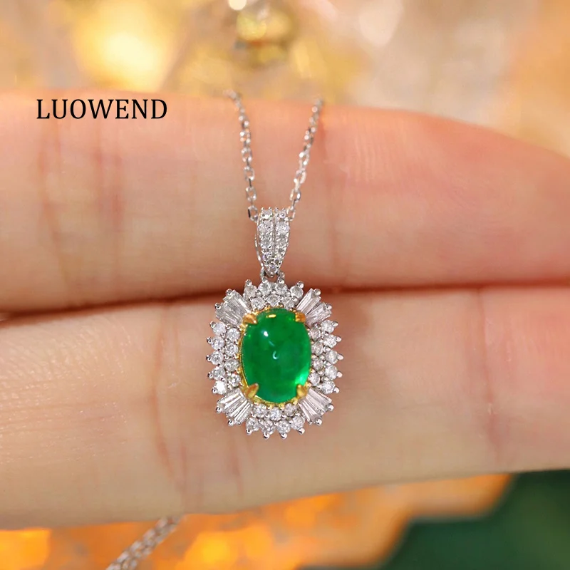 LUOWEND 18K White and Yellow Gold Necklace Luxury Style Real Natural Emerald Necklace for Women Wedding High Diamond Jewelry