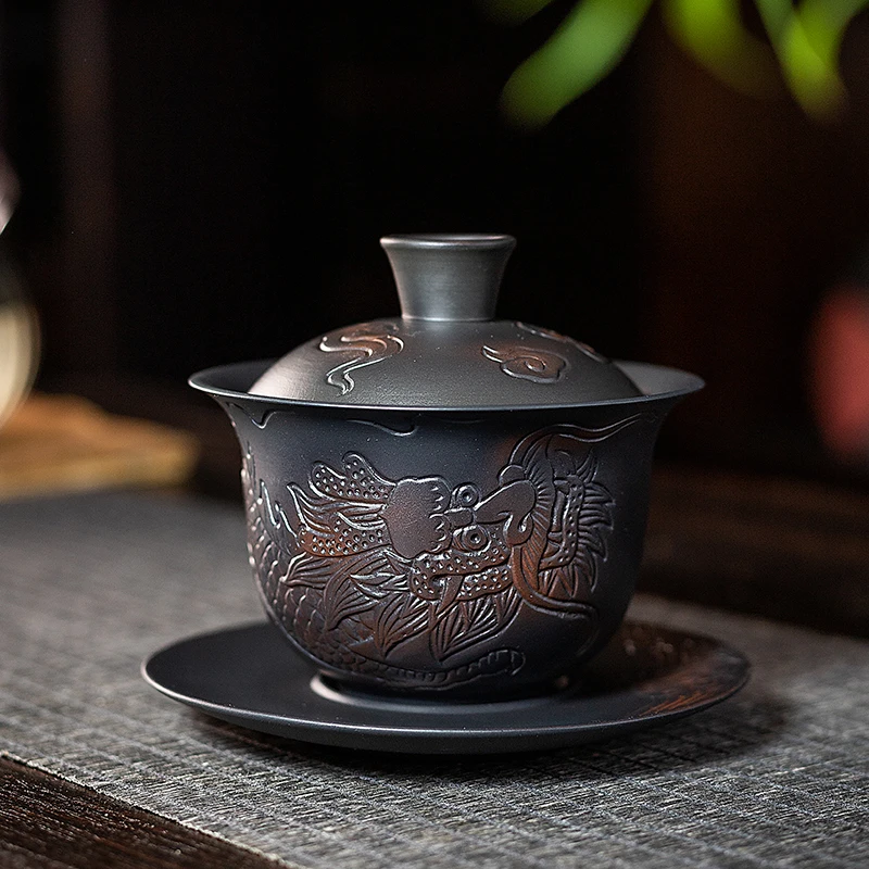 Dragon Purple Pottery Vintage Gaiwan Ceramic Jump Knife Process Tea Tureen Pigmented Kung Fu Drinkware Tea Tureen
