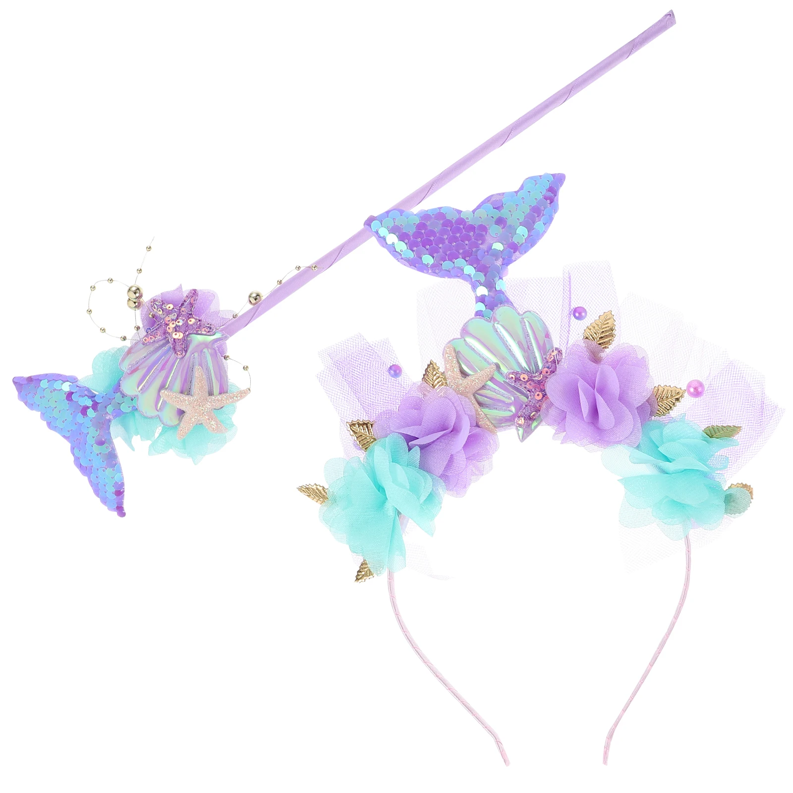 1 セットマーメイド衣装小道具妖精の杖ヘッドバンド女の子のためのコスプレパーティーの装飾スパンコールヘアバンドブライダルシャワー