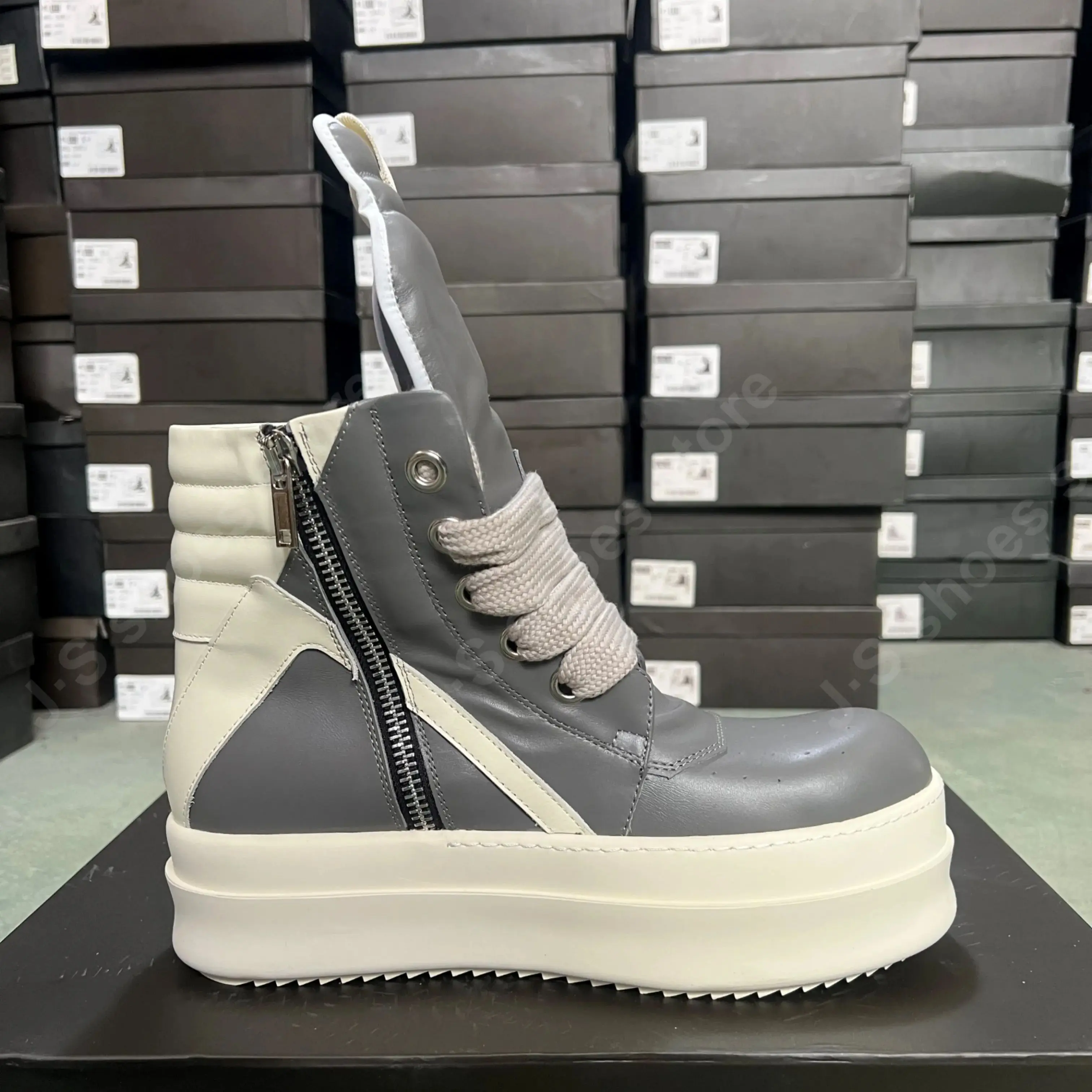 

Ricks Designer Boots Men Sneaker Owens Women Gray Leather Ankle Boot Jumbo Laces Platform 6cm Thick Sole High Top Casual Shoe