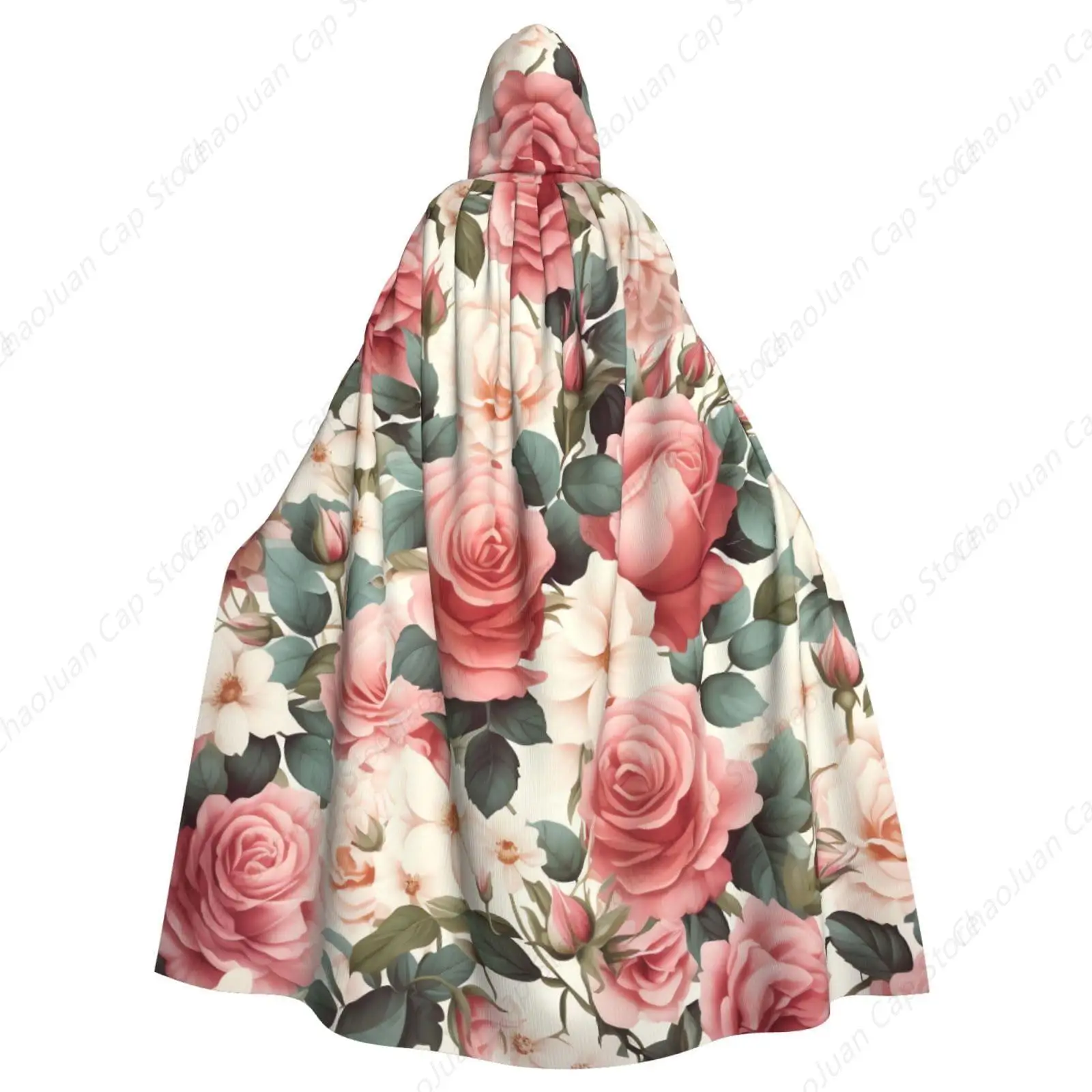 Pink rose floral Hooded Cloak Halloween Costumes Wizard Cloak Medieval Renaissance Cosplay Cape Robe with Hood