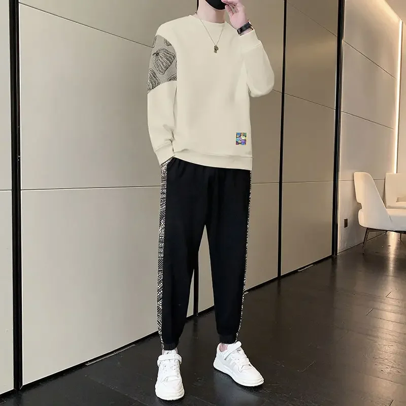 Men\'s Clothing Fashion Casual Suit Crewneck Splicing Long Sleeve Hoodie Trousers Running Sports Clothing Men\'s Two-piece Set