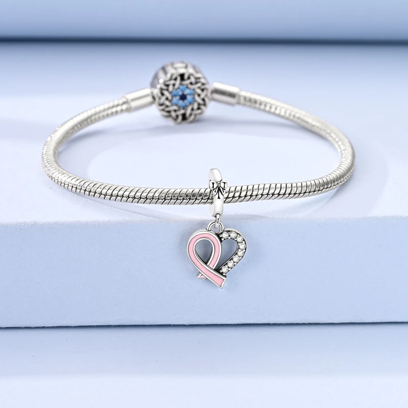 Original 925 Sterling Silver Bead Charms Pink Ribbon Heart Pendant Fit Original Bracelet Necklace For Women DIY Jewelry Gift