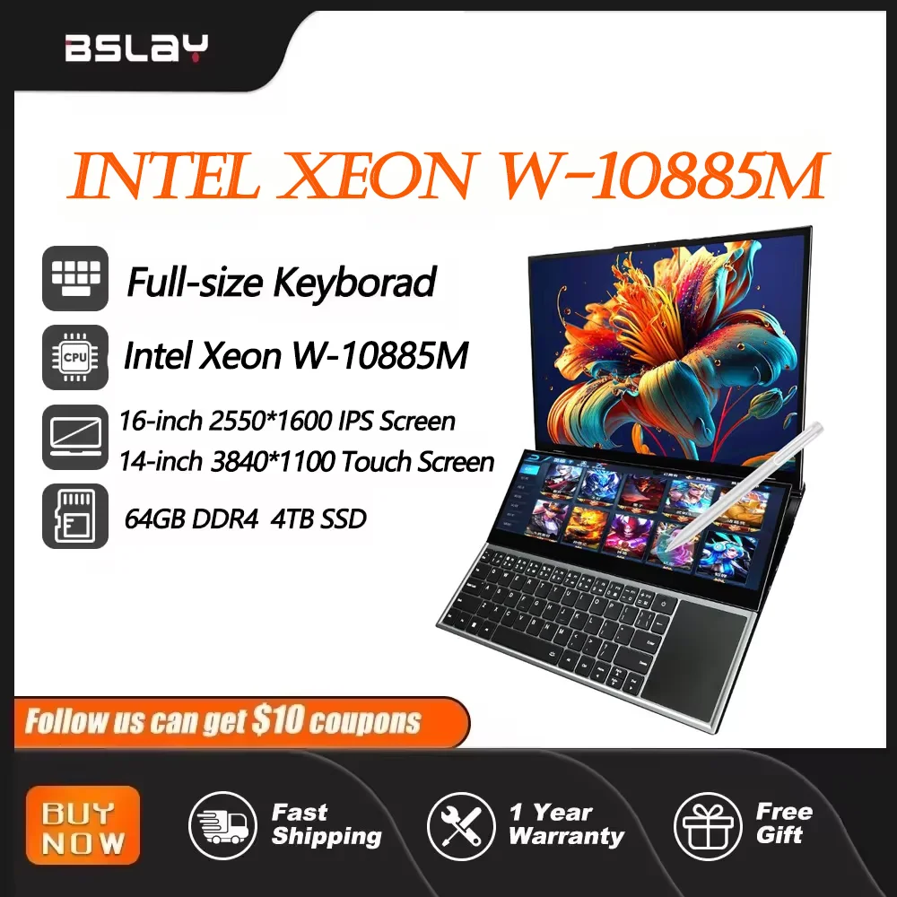 W-10885M Intel Xeon, komputer kantor layar ganda 16.1 + 14.1 inci RAM 64GB SSD 4TB DDR4 Window11 5.3GHz HD kamera portabel