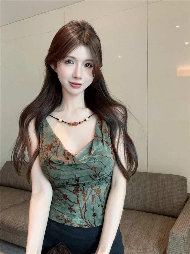 Women's Thai Vintage Jacquard Beaded Cowl Neck Camisole Summer Slim Fit Y2k Streetwear Going Out Tops
