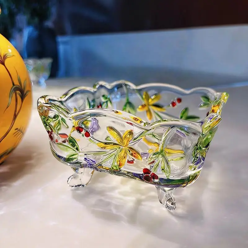 

Relief Painted Grape Crystal Glass Four-Corner Square Dish Glass Fruit Bowl Snack Tray Sugar Jar