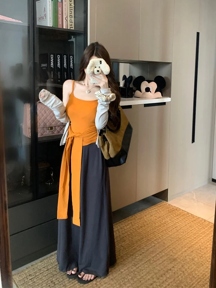 

Summer 2026 Women's Casual Long Sleeve Open Cardigan Coat Belted Waist Halter Neck Skirt Three Piece Set Fashion Ensemble