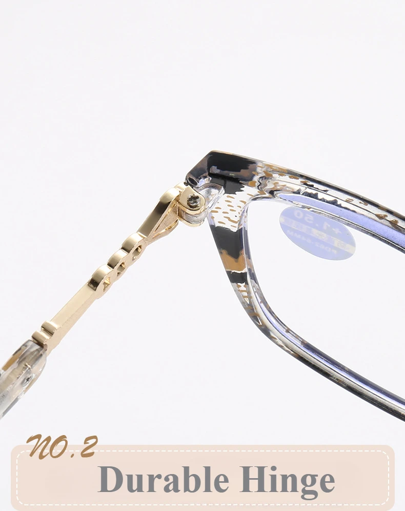 +1,0 ~ +4,0 Langlebige Lesebrille mit Scharnier, Leopardenmuster, rechteckig, Anti-Blaulicht-Metallzubehör, Presbyopie-Brille – Detail 4