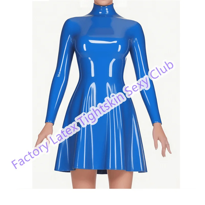 

Customized Rubber Women's Blue Latex Long Sleeve Turtleneck Dress Rubber Flared Mini Dress Party Clubwear Cosplay