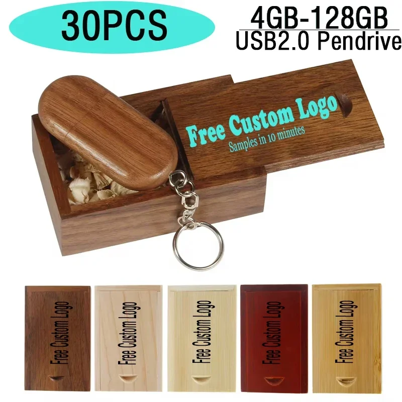 

30 PCS LOT Free Custom Logo USB Flash Drive 128GB Wooden Box Memory Stick 64GB Wholesale Pendrive 32GB Bamboo Real Capacity