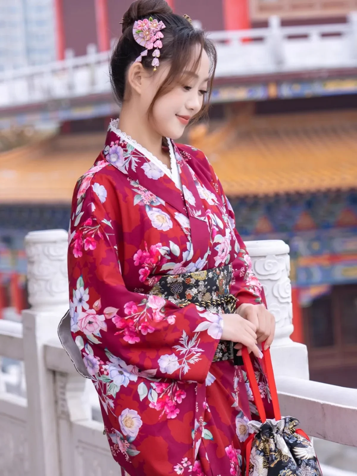 Women's Red Floral Print Kimono Yukata Cosplay Costume Japan Style Traditional Photography Dress Modified Size