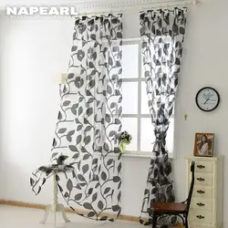 NAPEARL Organza Tulle Curtains Leaf Design White Sheer Fabrics Kitchen Door Panel Transparent Window