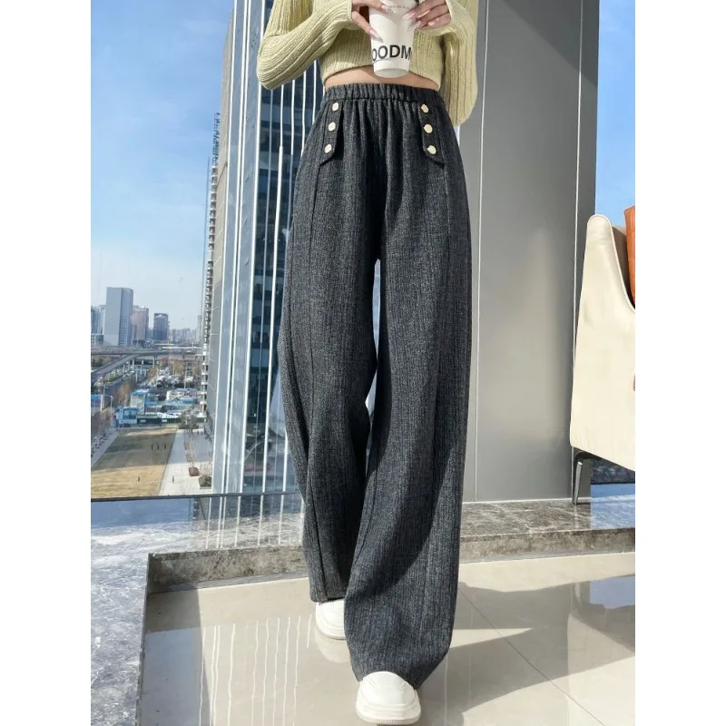 Women Soft Knit Wide Leg Pants Elastic Waist Button Decor Loose Trousers Casual Autumn Winter Plus Size Slouchy Pants