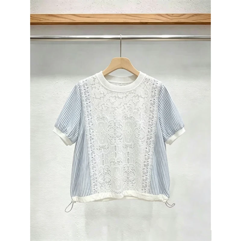 

Casual Style Women's Shirt Short Sleeve Striped Patchwork Lace Embroidery Loose Fit Drawstring round Neck Top Summer 2026