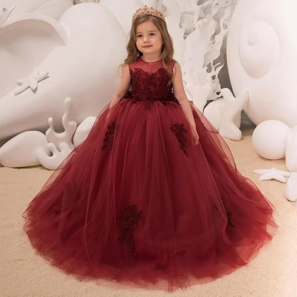 Borgonha até o chão vestido da menina de flor 2022 novo bebê festa de natal vestidos de baile renda criança vestido de baile de aniversário пла vauе дляев®чки