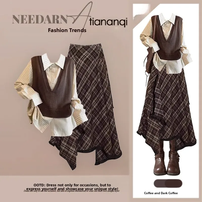 

Spring Commute Korean Sle Women's Striped irt Knitted Vest Slimming Skirt Tee-Piece Set Faionable Casual Outfit