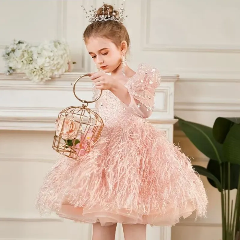 Fashion Baby Girl Princess Sequin Feather Dress Puff Half Sleeve Infant Toddler Child Vestido Party Birthday Baby Clothes 1-14Y