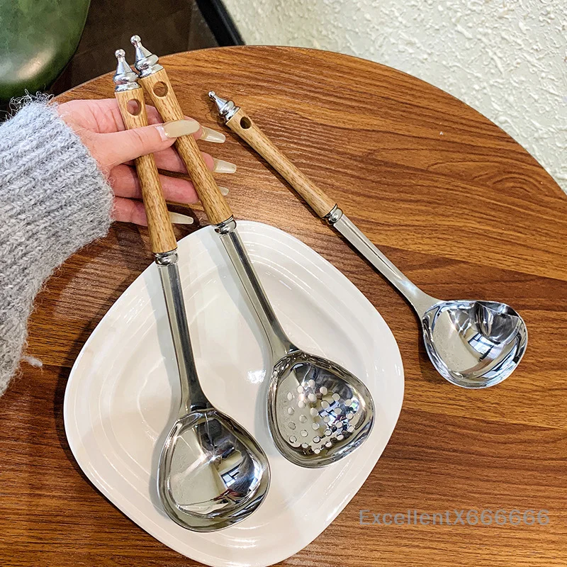 

Stainless Steel Wooden Handle Soup Spoon Strainer Spoon Household Hot Pot Spoon Ladle Spoon Colander Spoon Oil Filter Spoon
