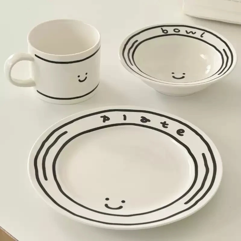 Cute Smile Face Ceramic Tableware Korean Style Bowl Plate Mug Set Black Line Porcelain Dinnerware