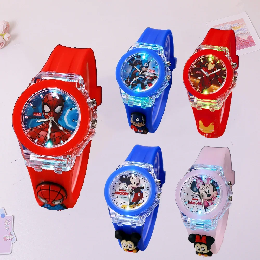 Marvel Spider-man Boy Watches Children Silicone Strap Colorful Light Mickey Mouse Kids Watch Student Quartz Reloj Birthday Gifts