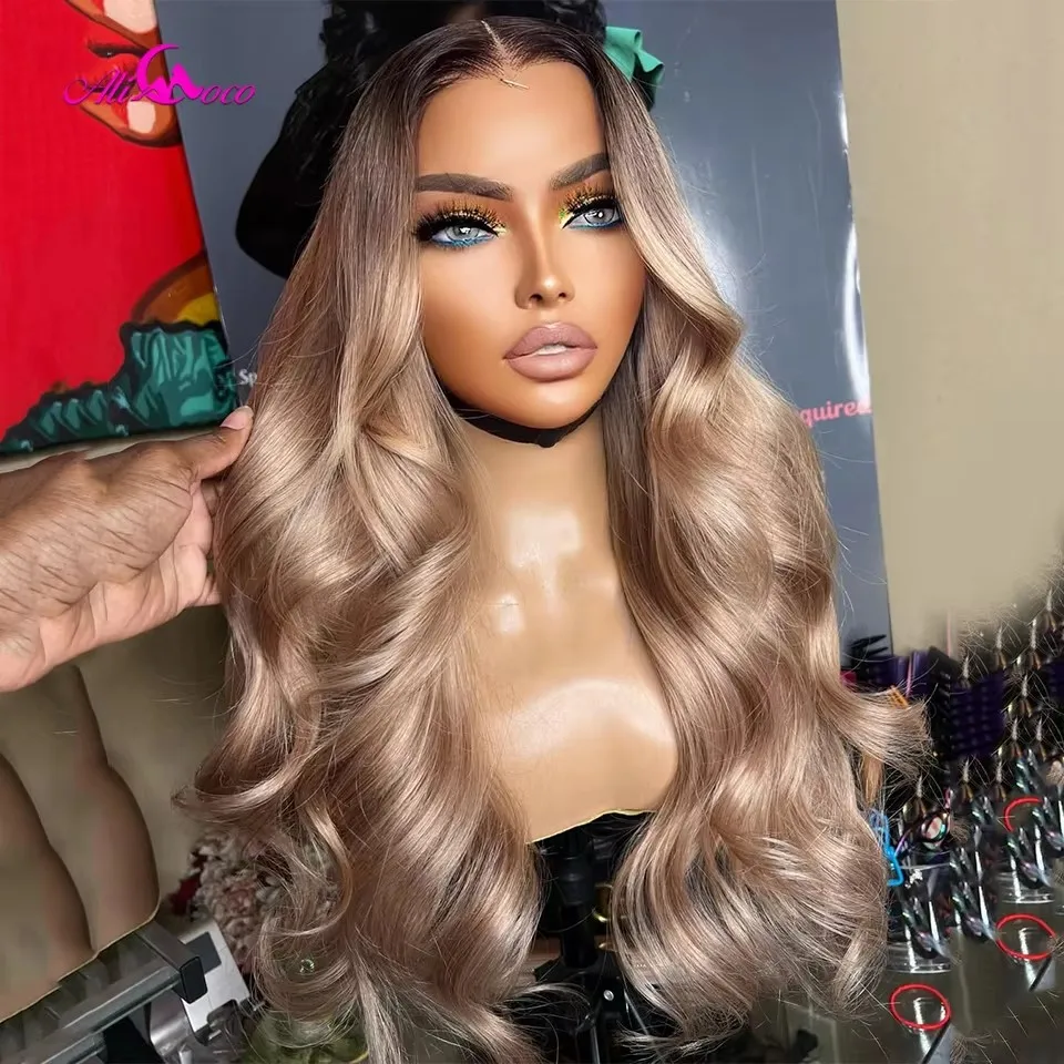 

13x6 Ash Blonde Wig Body Wave Lace Front Wig WIth Brown Roots Human Hair Transparent Lace Frontal Human Hair Wig For Women
