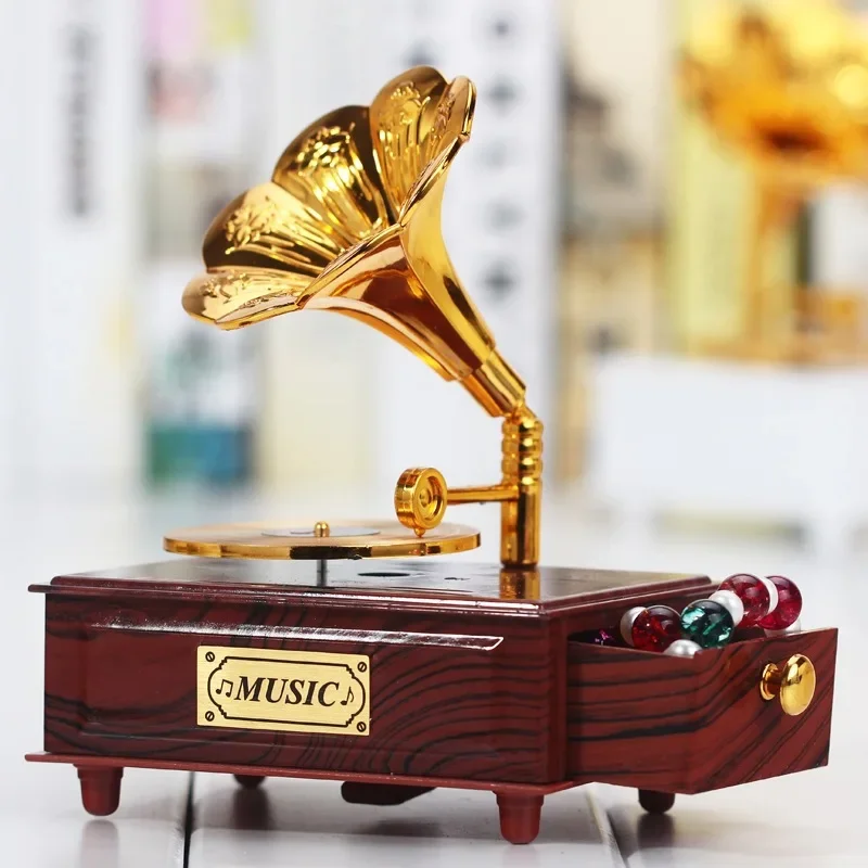 Retro Gramophone Drawer Music Box Home Decoration Wedding Birthday Gift Figurine Clockwork Carousel Musical Boxes