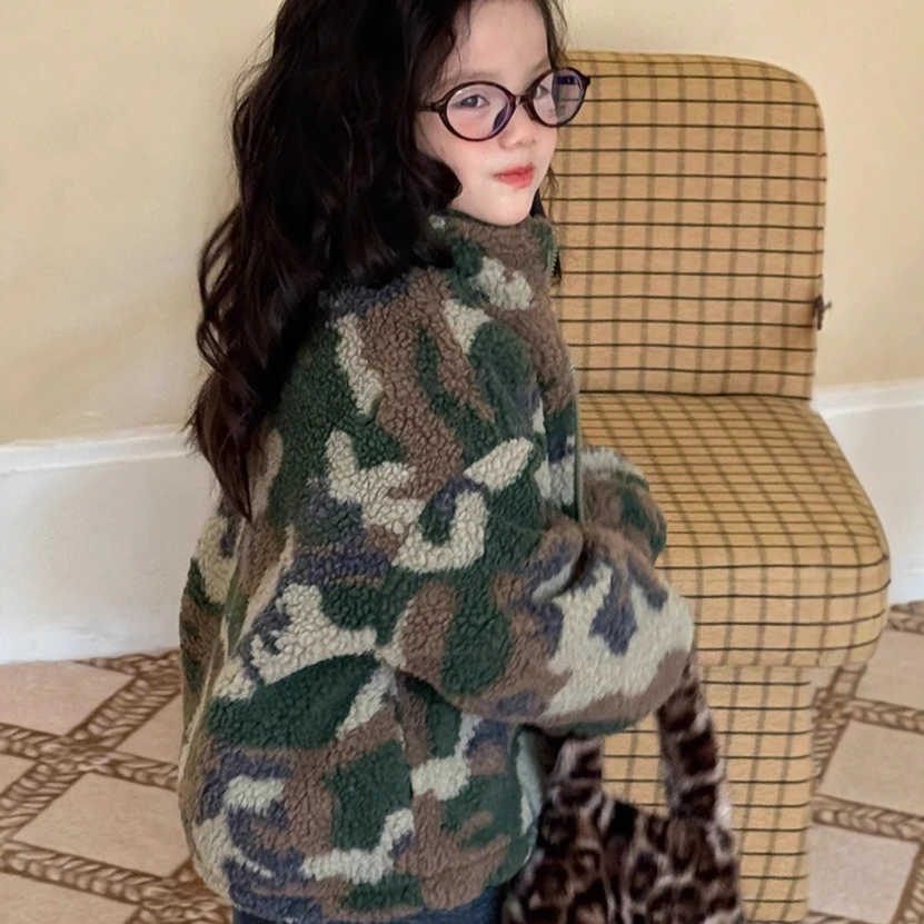 Meninas casaco 2025 outono e inverno novas roupas infantis estilo coreano meninas bebê moda casaco de lã de cordeiro casual diário simples