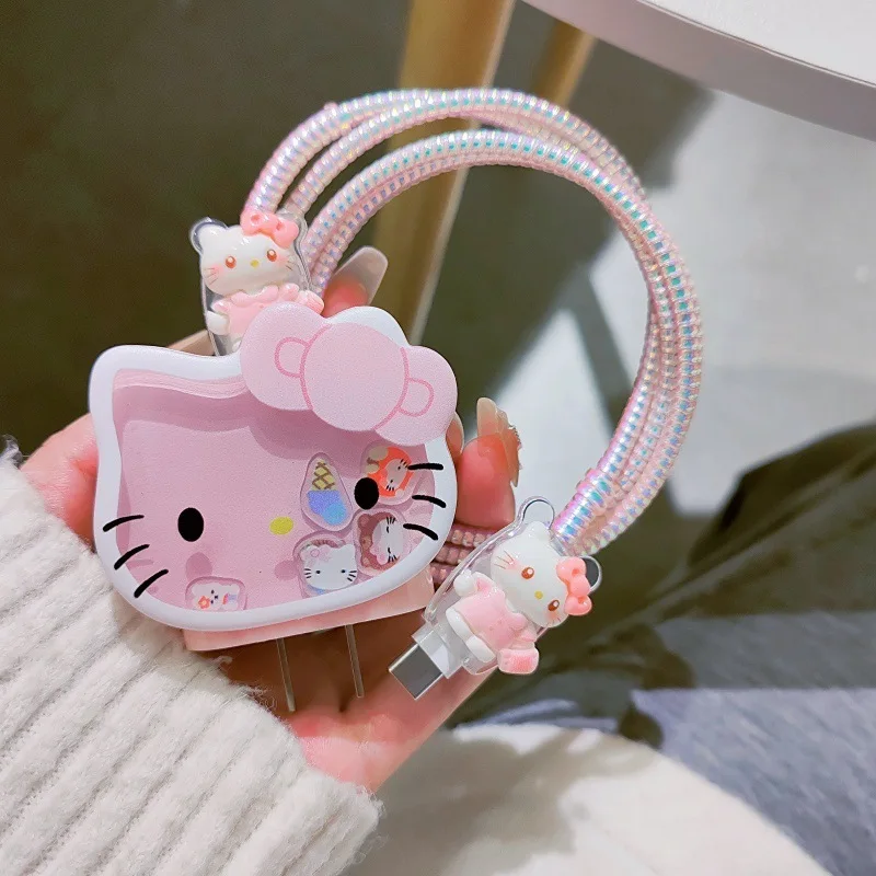 كارتون مرحبا كيتي شاحن كابل بيانات حامي ومجموعة لف ل 20 واط شاحن سريع محول شاحن الهاتف ﻿