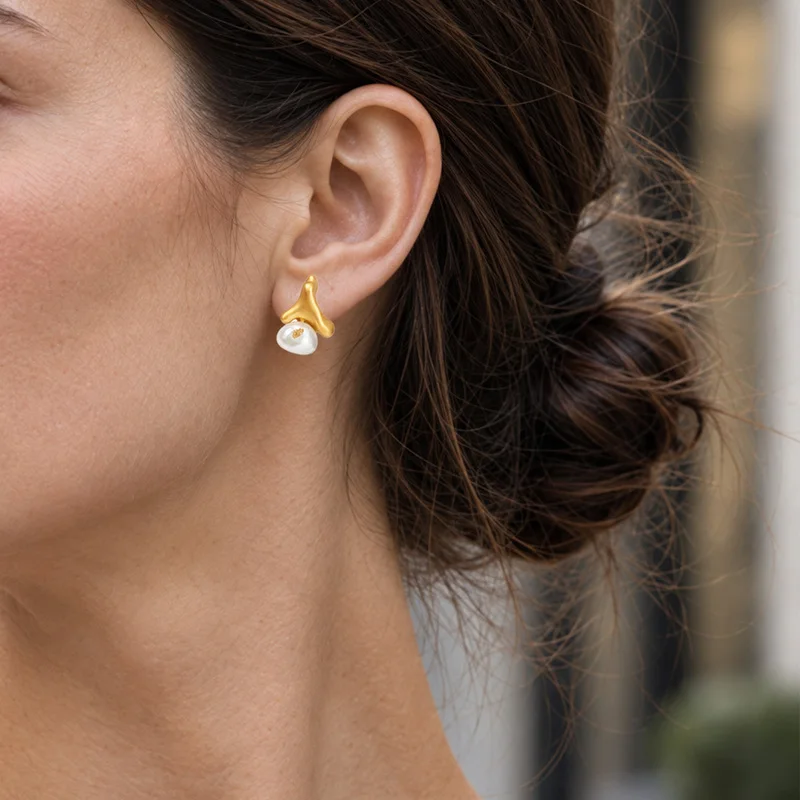 Vintage Abstract Irregular Matte Gold Stud Earrings Baroque Pearl 18K Real Gold Plated Unique Designer Luxury Statement Ear 2