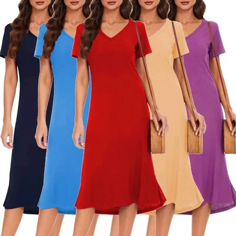 Casual V-neck women's new summer short sleeved casual home wear women's pajamas long skirt