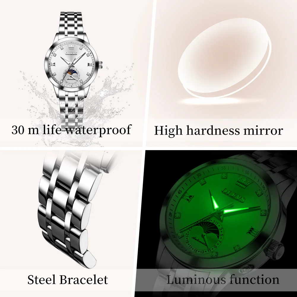 ساعة ماركة OLEVS، ساعة ميكانيكية أوتوماتيكية بالكامل لمرحلة القمر، ساعة نسائية، ساعة نسائية 7041