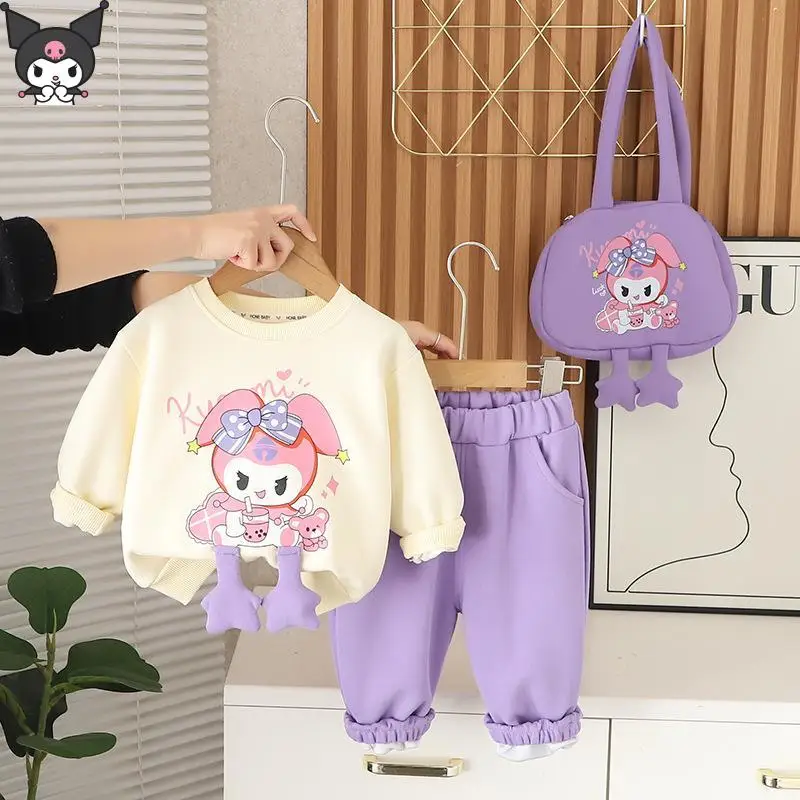 

Толстовка с круглым вырезом для девочек в стиле аниме Kawaii, комплект Kuromi Sanrio, брюки с длинными рукавами, весенне-осенняя модная новая мягкая милая одежда