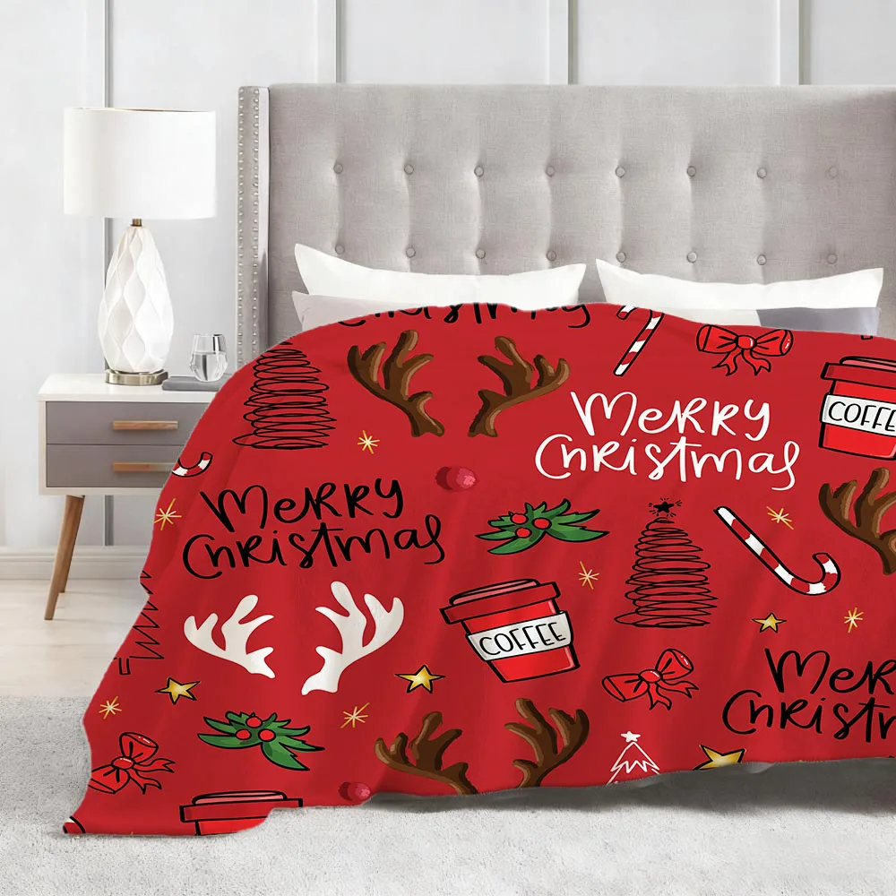 Merry Christmas&Coffee Antlers Printed Blanket, Soft Fleece Blanket, Christmas Home Decor, Machine Washable, Fast Shipping